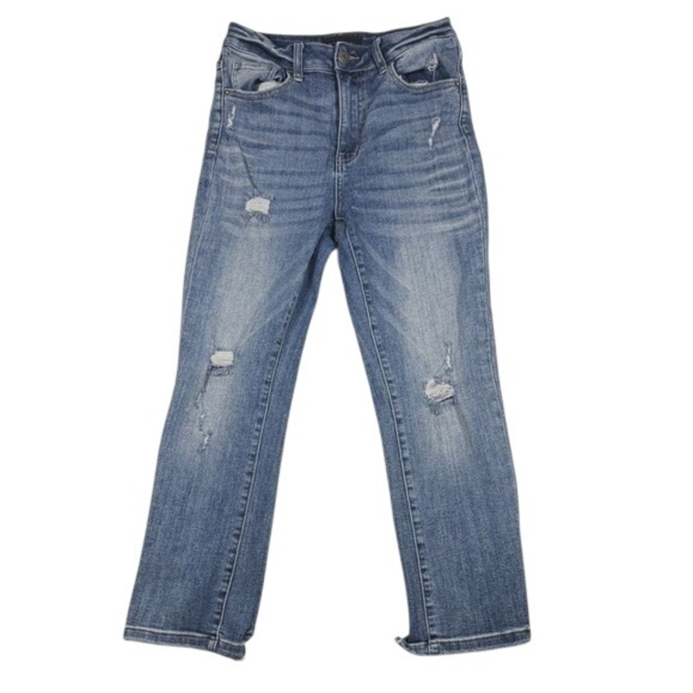 Risen Jeans Womens Size 5 Waist 27 Distressed Straight Leg High Rise Denim Blue‎